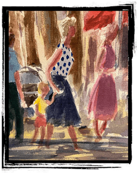 watercolor woman walking with a child