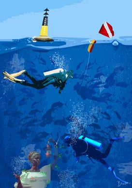 Scuba divers swimming near an underwater statue of Lady Liberty