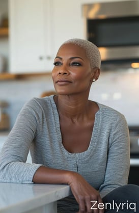 confident mature woman seated in a modern kitchen, reflecting calm and gut wellness