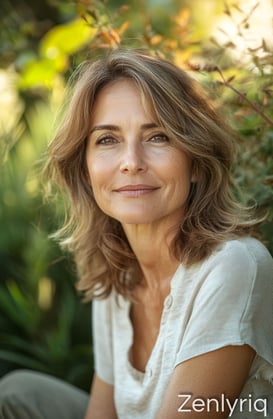 smiling healthy woman sitting outdoors, symbolizing natural wellbeing and gentle gut support