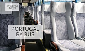 Empty rows of seats in a bus & a sign that says 'Portugal by bus'