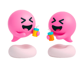 Two joyful Blabit bubbles with closed smiling eyes holding colorful juice boxes with straws
