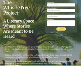 screenshot of thewhistletreeproject.com homepage with a giant green tree with readers under it