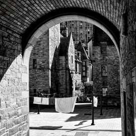 Washing on the line in a courtyard in Dean Village, Edinburgh