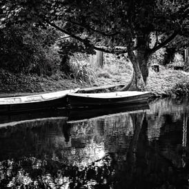 Two small rowing boat, tied up on the Union Canal at Harrison Park, Edinburgh