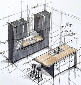Un croquis d’une cuisine avec une table et des tabourets