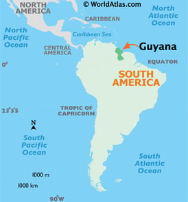 Map of South America, with a specific call out to Guyana