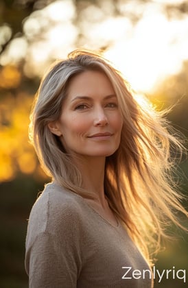 blonde woman smiling warmly at sunset, representing a gentle joint support lifestyle
