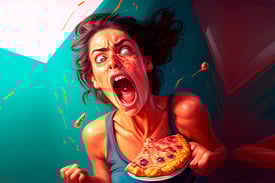 ilustração impactante de mulher transformada em zumbi e muita fome, segurando uma fatia de pizza