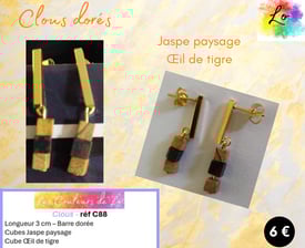 Boucles clous dorés barre acier Jaspe paysage Œil de tigre Les Couleurs de Lo