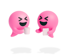 Two happy pink Blabit bubbles sitting together, one holding a white mug and the other holding a white notepad