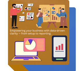 Illustration of three people analyzing business data on a wall and a large planning board, with char