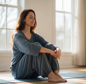 Woman practicing self-hypnosis on sofa in calm home setting.