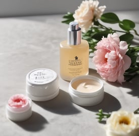 Two skincare products are positioned on a dark, textured background. The bottle on the left is a face serum with a dropper lid, featuring a label that includes the words 'Face Serum' and 'CBD'. On the right, a small jar labeled 'Day Cream' accompanies it, providing a sense of a skincare routine.