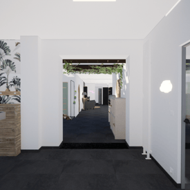 Image réaliste du projet vue vers le couloir et le puit de lumière avec de la végétation stabilisée