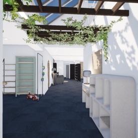 Image du projet de transformation sous le puit de lumière avec de la végétation et des mobiliers