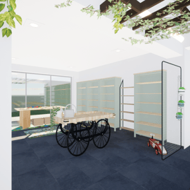 Image du projet de transformation vue vers un espace avec des mobiliers vert sauge