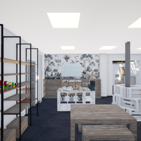 Image du projet de transformation avec des mobiliers en bois et du papier peint