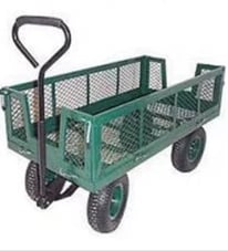 a green wagon with a handlebar and a handlebar