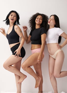 happy women lady wear period panties and menstrual protection natural organic