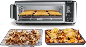 a toaster oven with toasted bread and baked potatoes