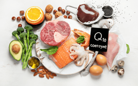 a plate of food with a sign that says Q10 coenzyme