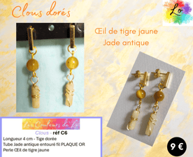 Boucles clous dorés Œil de tigre jaune Jade antique Les Couleurs de Lo