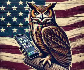 Owl holding a phone, symbolizing contact us for notary and administrative services.