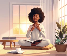 _a_serene_pastel_toned_illustration_showing_a_young_afro_woman_20_50_years_old_seated_comfortable