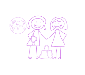 Two female stick figures shaking hands with earth in the sky behind them.