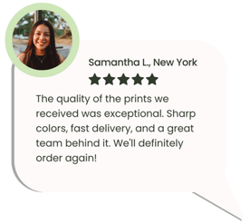Happy female customer reviewing high-quality printed materials from Peruimpress