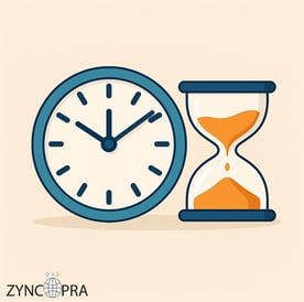 Vector image of a clock and hourglass with Zyncopra logo, representing time management and efficient