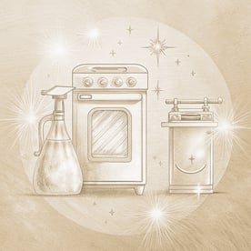 a kitchen with a stove and a bottle of liquid