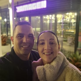 Carly and Kahn from SweetAz Co. outside the restaurant at the QT Hotel on the Gold Coast.