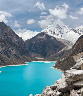 View of the majestic Artesonraju mountain from Parón Lagoon, in the Huaraz region of Peru.
