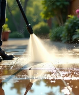 a person using a pressurer to clean a tile floor