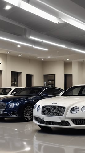 The interior of a car dealership is visible through a glass window that has bold lettering advertising sales of cars and vans. Several vehicles, including a white compact car, are arranged inside a well-lit showroom. A television screen mounted on the wall displays an image, while the room also contains various equipment and items.