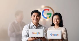 digital mkt consultants for local businesses from Aguiar Digital Labs holding laptop with Google