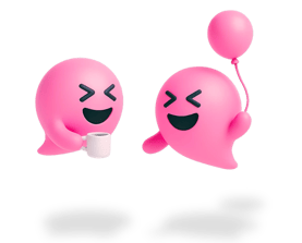 Two Blabit bubbles with closed happy eyes, one holding a white mug and the other holding a pink balloon
