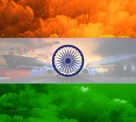 Indian flag with cargo plane, ship, and truck symbolizing global export from India