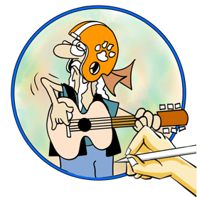 Cartoon biker character wearing a Clemson football helmet and playing his guitar.