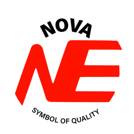 a red and black logo with the word nef