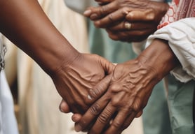 Two hands clasp together in a gesture of support or assistance, illuminated by bright sunlight from above, casting a soft, ethereal glow. The image suggests themes of connection and help.