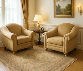 Pair of tan leather armchairs with rolled arms and wood feet, custom-designed by Solo Home Decor.