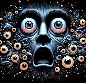 2 eyes wide open looking startled, and surrounded by other eyes