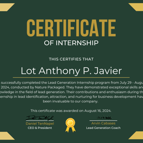 Nature Packaged LLC Certificate of Internship (Lead Generation & Email Marketing))