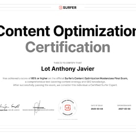 Content Optimization Masterclass issued by Surfer Academy