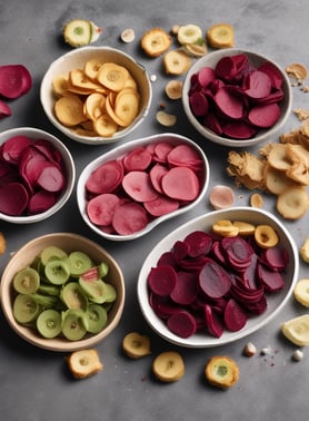 A plate filled with a colorful array of dried fruits, including orange slices, apple chips, kiwi slices, figs, banana chips, and sweet potato slices, all arranged in an appealing manner.