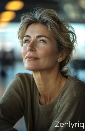 calm woman gazing ahead with peaceful expression, representing mindful living and gentle gut support