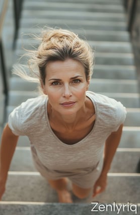 focused woman walking up stairs, embodying movement and natural joint relief